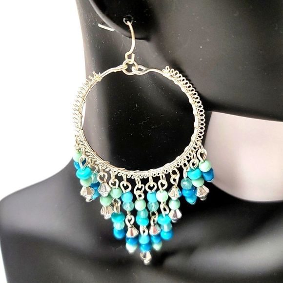 Silvertone And Blue Earrings - Picture 2 of 5